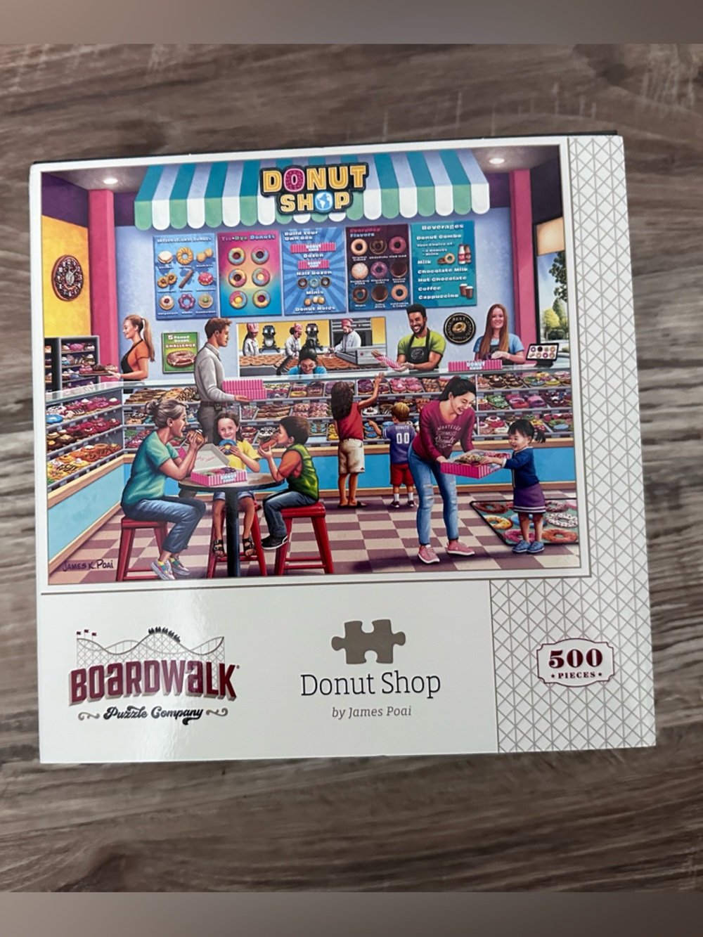 Boardwalk Donut Shop 500-Piece Puzzle — Colorful Blue & Pink Illustration